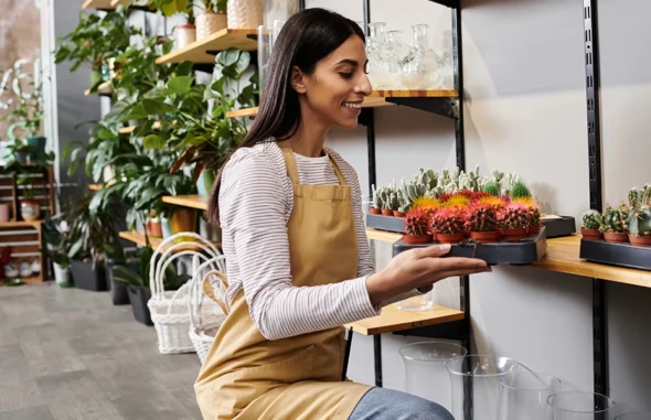 Smiling plant shop owner arranging colorful cacti on a shelf in her cozy shop, showcasing the impact of SEO Parramatta on local business growth.